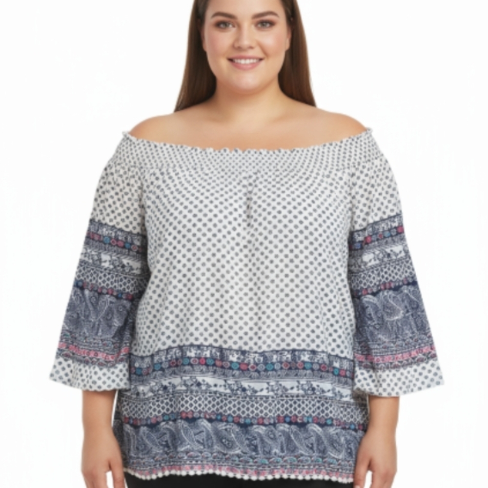 Rue+ Elegant Women's Blouse  - Navy and White Size 3X